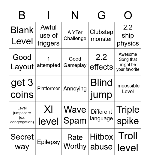 Recent Tab Bingo (Geometry Dash) Bingo Card