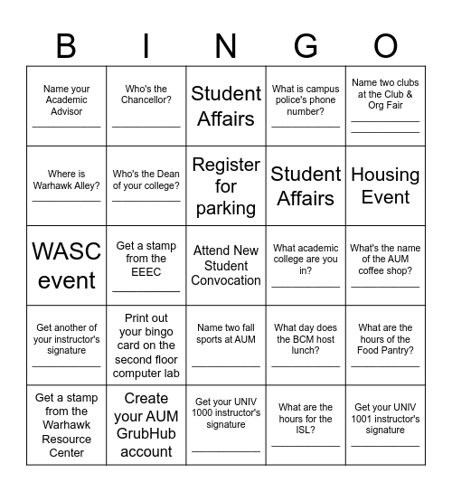 UNIV 1000 Bingo (Bridge) Bingo Card