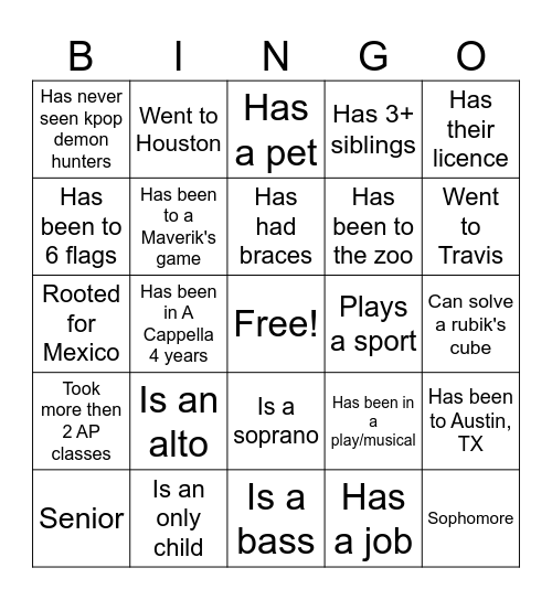 Choir Camp Bingo 2026 Bingo Card