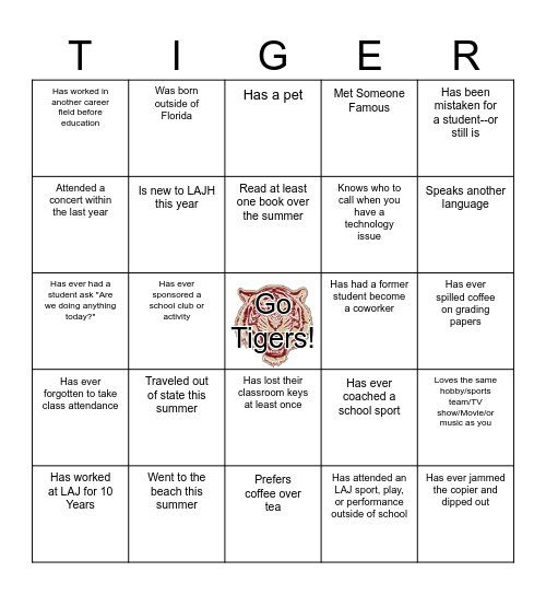 LAJH Tiger Hunt: Find Someone Who... Bingo Card
