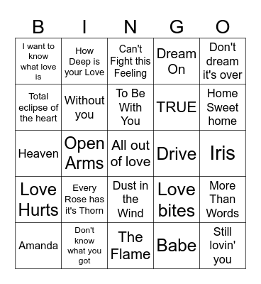 Decades Power Ballads Bingo Card