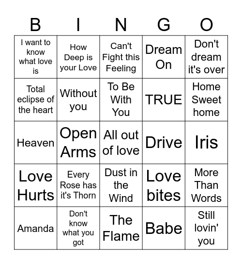 Decades Power Ballads Bingo Card