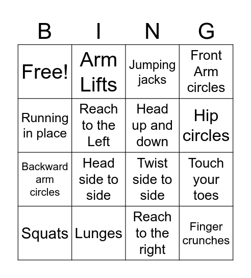 Fitness Bingo Card