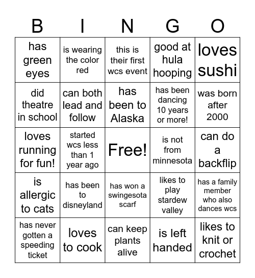Swingesota bingo Card