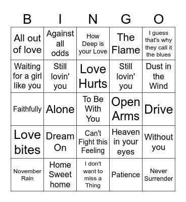 Decades Power Ballads Bingo Card