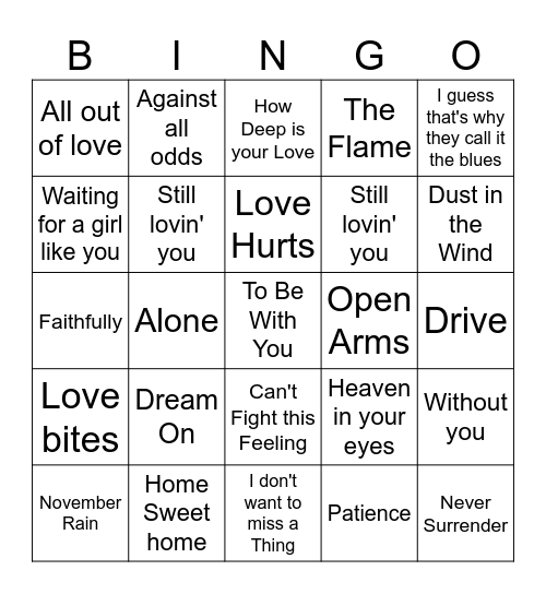 Decades Power Ballads Bingo Card