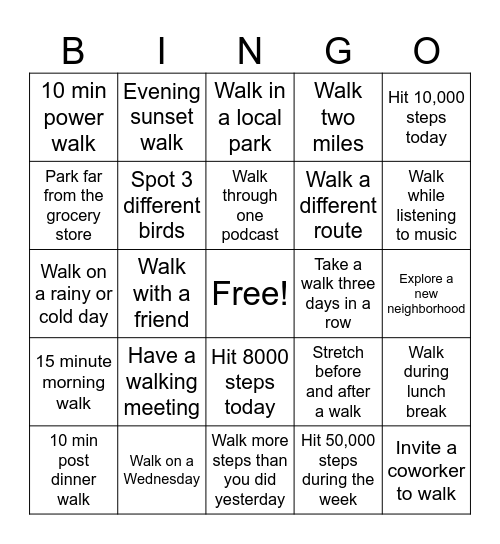 Walking Challenge Bingo! Bingo Card
