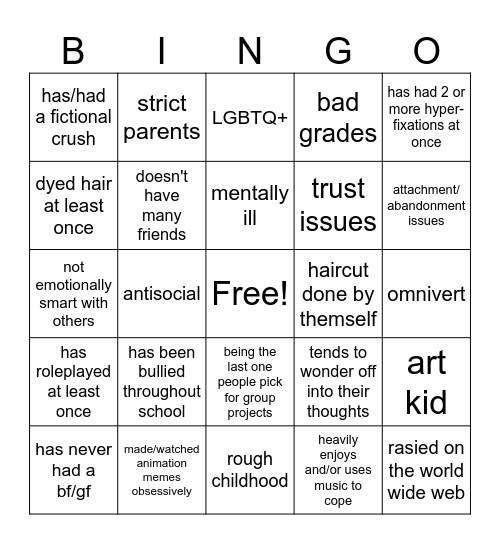 real weird kid bingo Card