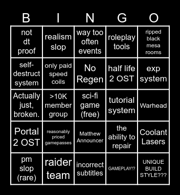 Reactor Core Game Bingo Card