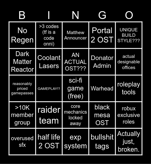 Reactor Core Game Bingo Card
