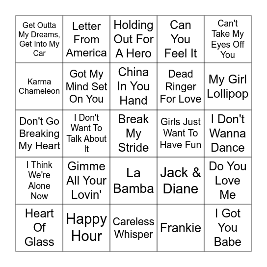 We Love 80's Game 1 Bingo Card