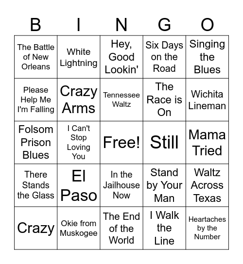 Country Bingo Card