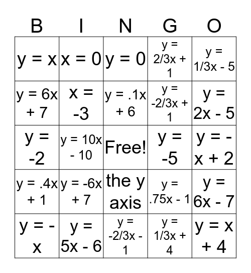 y = mx + b Bingo Card