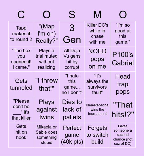 Cosmo's Survivor Madness Bingo Card