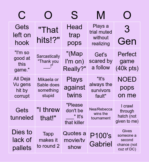 Cosmo's Survivor Madness Bingo Card