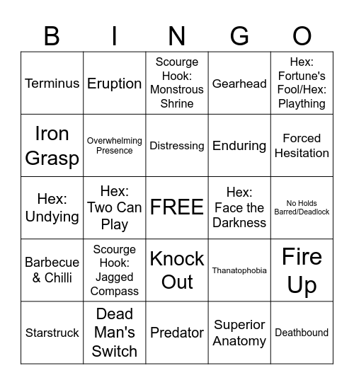 Killer perks Bingo Card