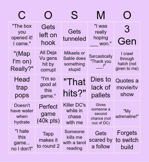 Cosmo's Survivor Madness Bingo Card