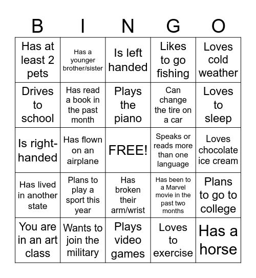 New Student Bingo Card