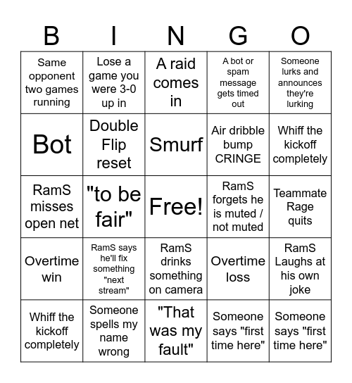 RamS Rocket League Bingo Card