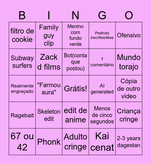 Cringe bingo Card