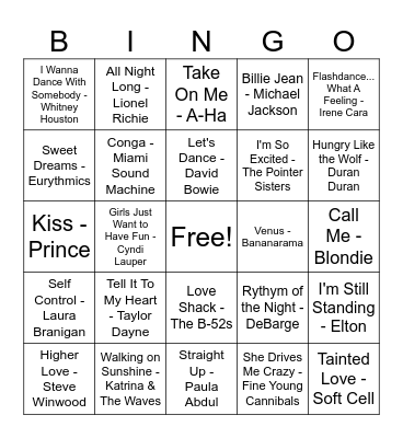 80s Summer Hits Bingo Card