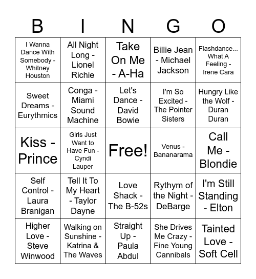 80s Summer Hits Bingo Card