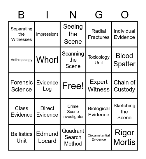Unit 1: Introduction to Forensic Science & The Crime Scene Bingo Card