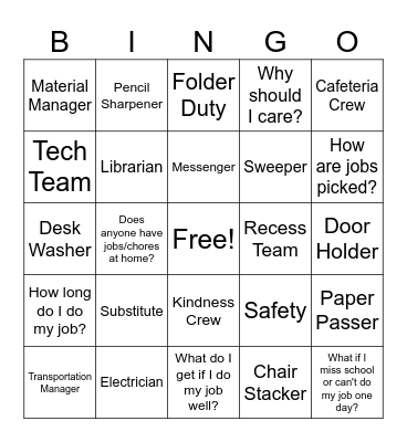 Classroom Jobs Bingo Card