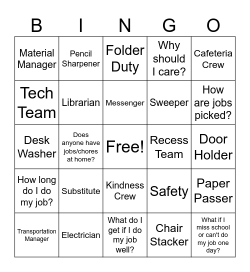 Classroom Jobs Bingo Card