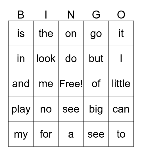 Sight Word Bingo Card