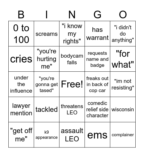 bodycam Bingo Card