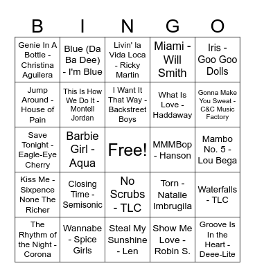90s summer jamz Bingo Card
