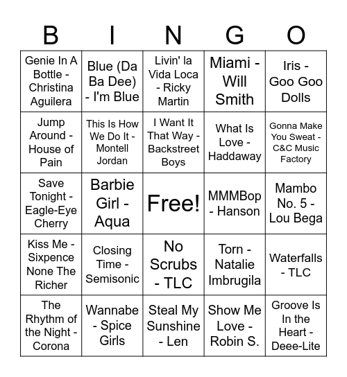 90s summer jamz Bingo Card