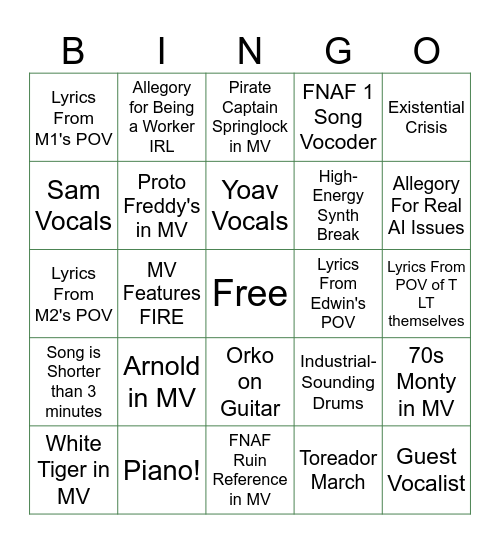 TLT SOTM SONG BINGO Card
