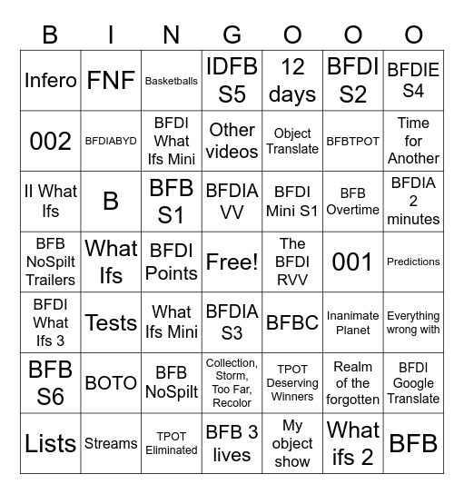 1 new BFDI Video Bingo Card