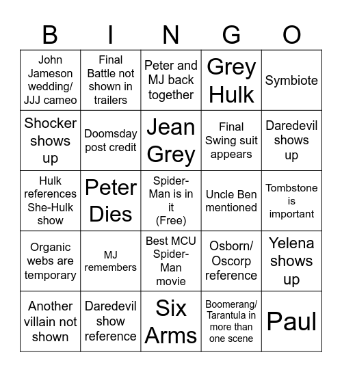 Spider-Man Brand New Day Bingo Card