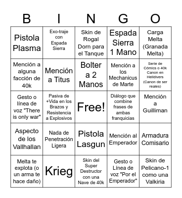 Bingo de Warhammer 40k Helldivers Bingo Card