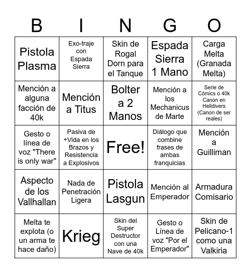 Bingo de Warhammer 40k Helldivers Bingo Card
