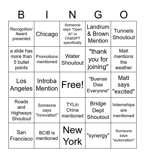 July 30th Town Hall Bingo Card