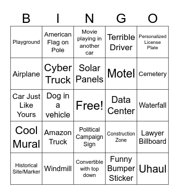 Road Trip Bingo Card