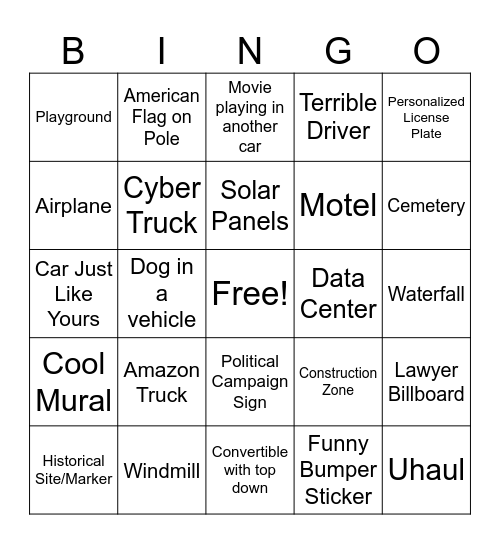 Road Trip Bingo Card