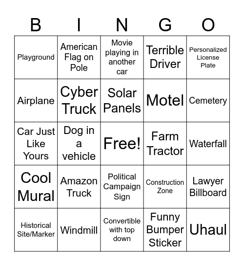 Road Trip Bingo Card