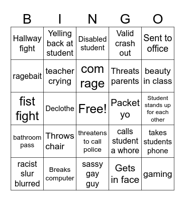 Teachers yelling at kids Bingo Card