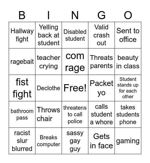Teachers yelling at kids Bingo Card