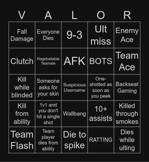 Valorant BINGO Card