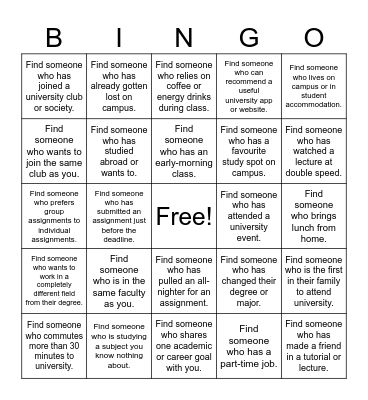 University Speed Friending Bingo Card