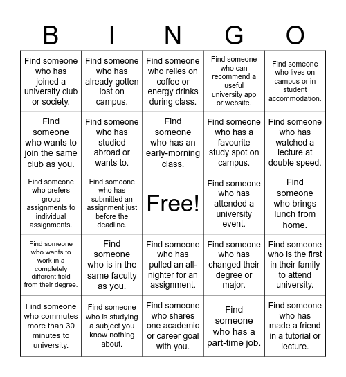 University Speed Friending Bingo Card