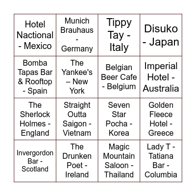 Travel The World Bingo Card