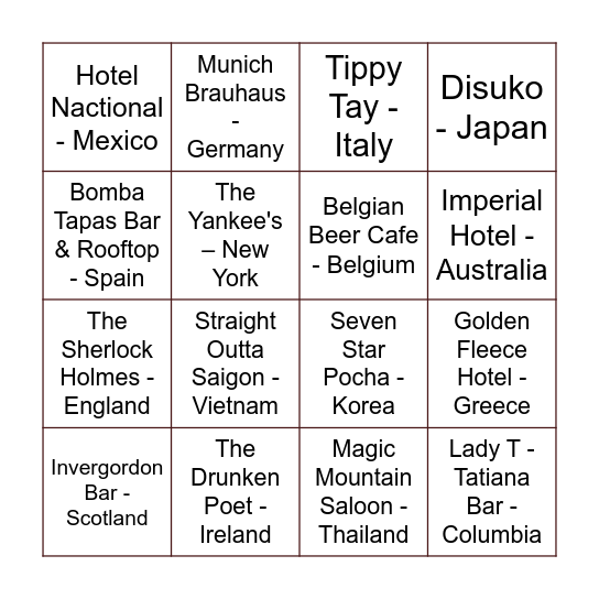 Travel The World Bingo Card