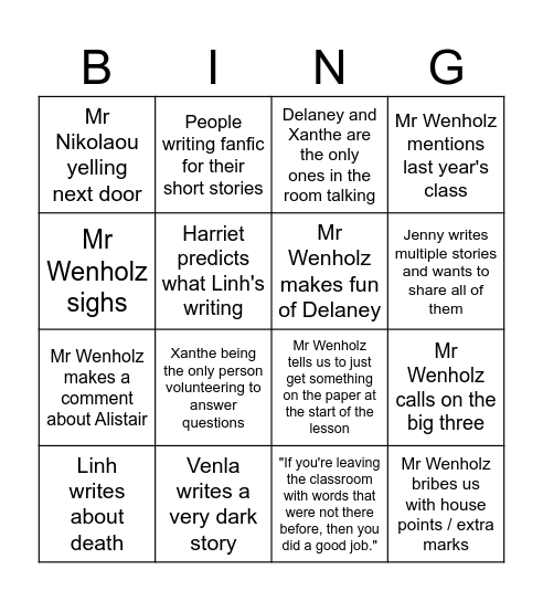 Creative Writing bingo Card